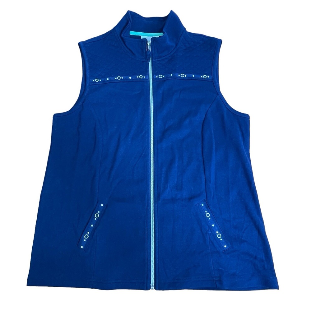 Alfred Dunner Womens 12 Front Zip Vest Soft Knit Embellished Blue, Pockets